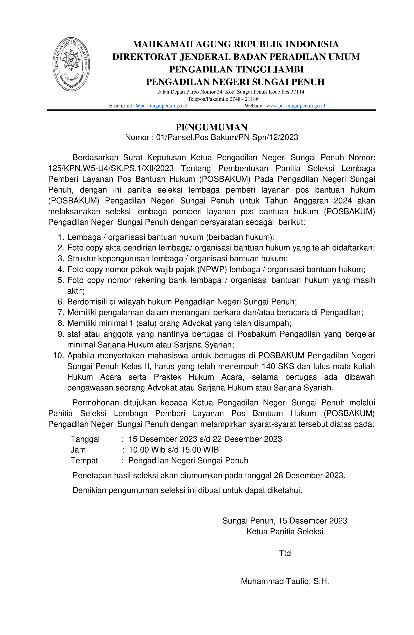 Seleksi Posbakum Pengadilan Negeri Sungai Penuh